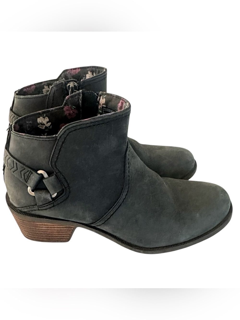 Teva Foxy Gray Leather Zip Ankle Boots Floral Print Canvas Size 7